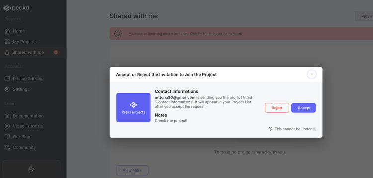 accepting or rejecting shared projects in modal view