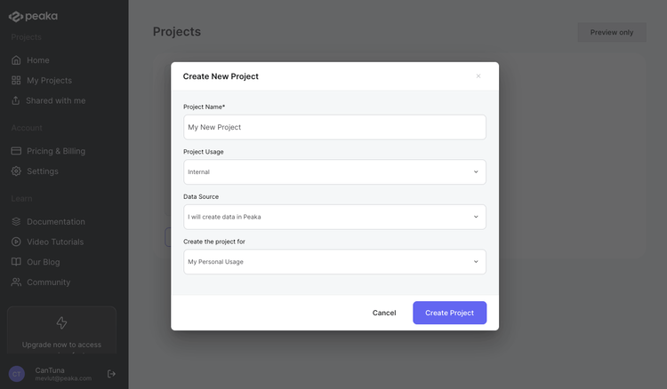 create project modal view