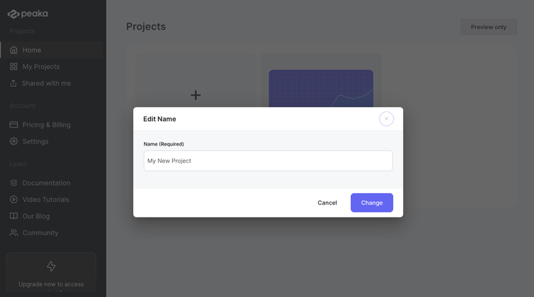 rename project modal view