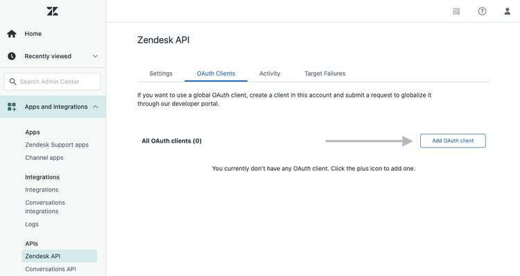 adding oauth client in zendesk dashboard