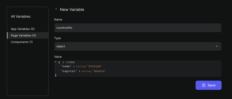 updated page variables modal view