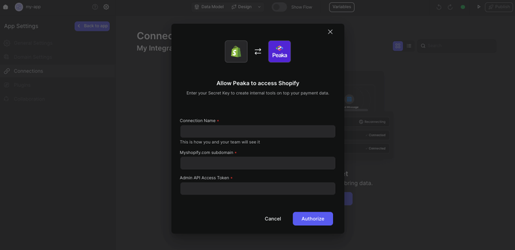 fill form of shopify integration modal view in peaka