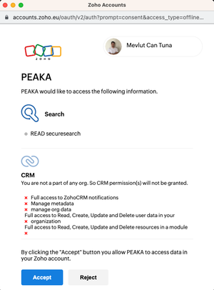 allowing zoho scrm to connect to peaka view