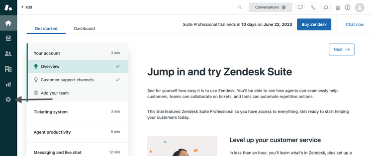 clicking settings button in zendesk dashboard view