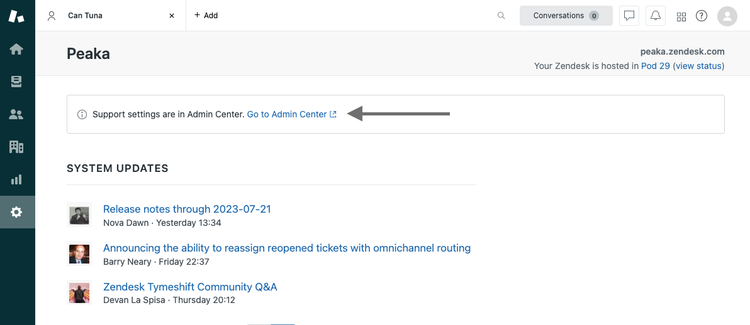 clicking go to adming center button view in zendesk dashboard