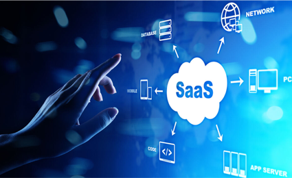 hand touching a screen in which saas is written