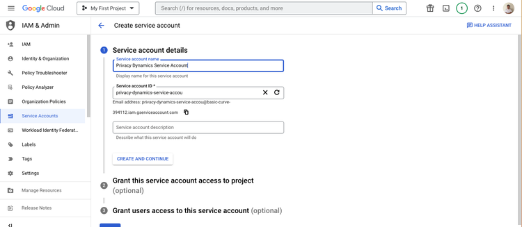 getting servise account details view in big query dashboard