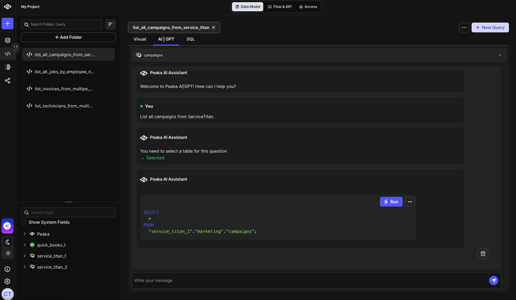Query results showing campaigns data