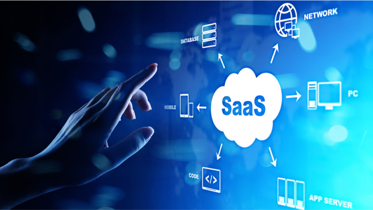 hand touching a screen in which saas is written